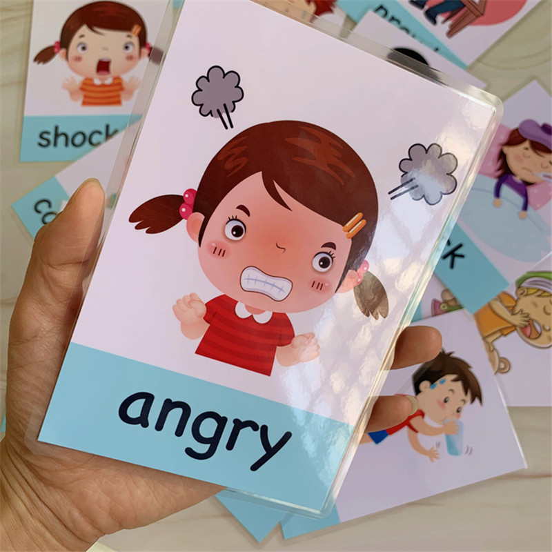 Kids Educational Games Learn English - 14 ชิ้น Montessori เด็กการ์ดการเรียนรู้ภาษาอังกฤษการ์ตูน Emotion แฟลชการ์ดเด็กของเล่นเพื่อการศึกษาเกมหน่วยความจําสําหรับเด็ก