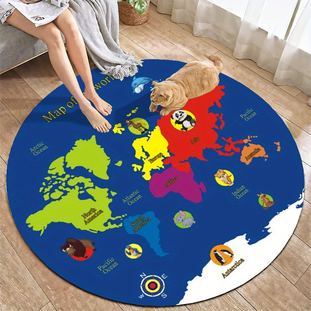 Kids Education World - พรมลายแผนที่โลก พรมกลม ผ้าสักหลาด ของตกแต่งห้องเด็ก แผ่นรองเล่น พรมปูพื้นห้องเด็ก