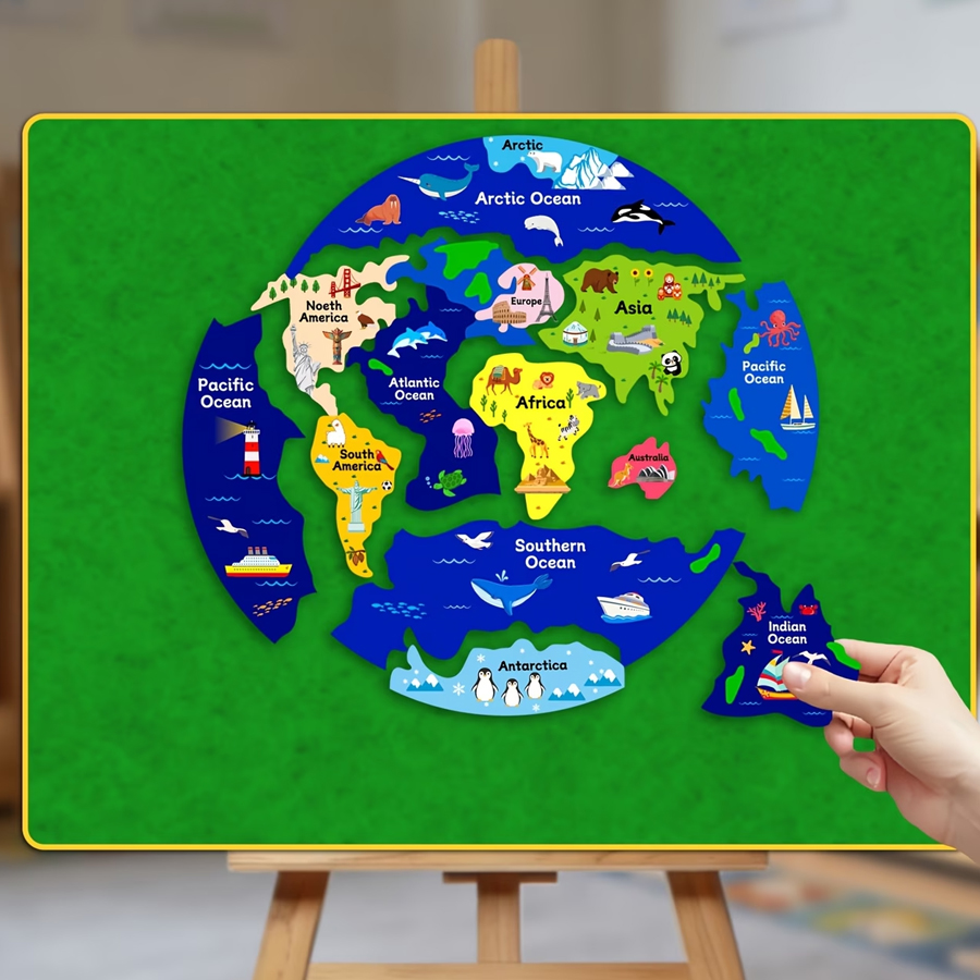 Kids Education World - แผนที่โลกสำหรับเด็กแบบต่อผ้าสักหลาด, ของเล่นเสริมพัฒนาการ 7 ทวีปและมหาสมุทร, สื่อการสอนภูมิศาสตร์แบบมอนเตสซอรี่สำหรับห้องเรียน